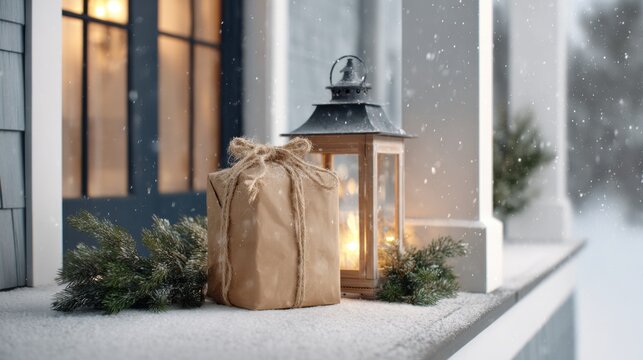 Kraft package beside porch lantern with pine garland on a snowy evening in front of a warm doorway - Powered by Adobe