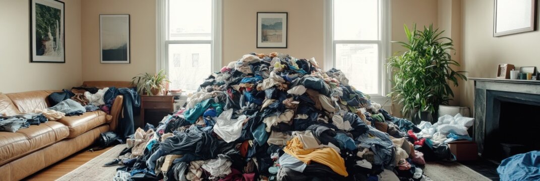 Messy Living Room Scene with Sofa and Scattered Clothes. Over consumption, Fast Fashion, Environmental Impact, Clothing Pile