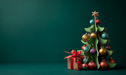 Paper christmas tree with ornaments and gift on a dark green background