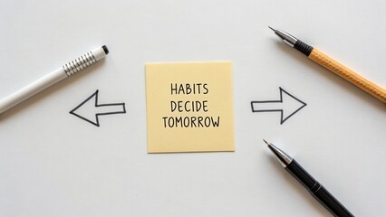 A sticky note with arrows showing habits deciding tomorrow