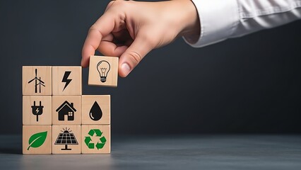 Hand placing lightbulb block, representing renewable energy and sustainability concepts