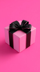 Obraz premium A pink gift box with a black ribbon on a pink background in vertical