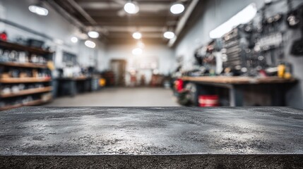 Industrial workspace with a focus on the foreground surface, providing a blank canvas for creativity or product placement in a workshop setting with blurred equipment.