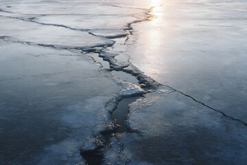 Cracked frozen lake surface with sunlight reflection in winter