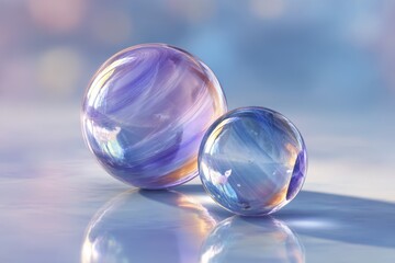 Abstract Composition of Two Spheres in Pastel Tones Reflecting Light and Shadows on a Surface