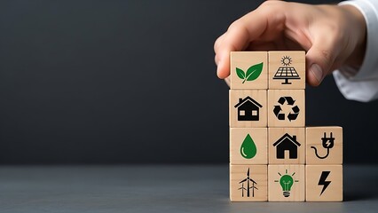 Eco-friendly concept with hand arranging wooden blocks with green energy icons