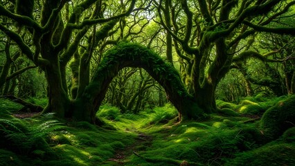 Enchanted forest archway covered in moss a mystical path through lush green woodland fantasy nature