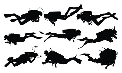 Black silhouette of scuba diving and free divers on a white background
