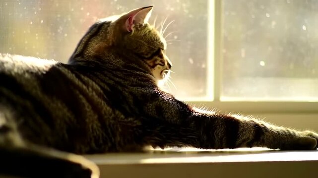 A beautiful tabby cat relaxing by the window in the warm sunlight.
