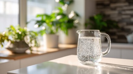 Obraz premium Clear Glass Pitcher Filled With Water Illuminated By Sunlight On White Countertop With Lush Green Plants In Blurred Background