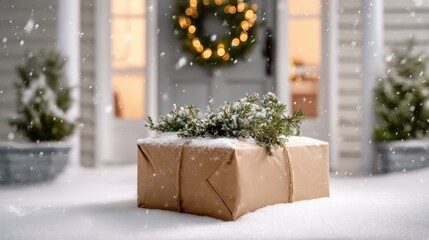 Kraft Christmas parcel on snowy doorstep with festive lights and wreath in background during winter season