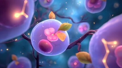 Abstract illustration of cell structures with branching elements and vibrant colors
