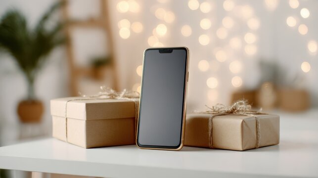 Smartphone shows tracking updates next to wrapped holiday gifts with warm lights in the background