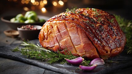 Festive centerpiece featuring a glazed ham, artfully sliced and garnished with fresh herbs, accompanied by brussel sprouts, adding a touch of elegance and deliciousness to the table.