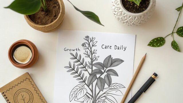 Botanical Drawing of Plant Focused on Growth and Daily Care