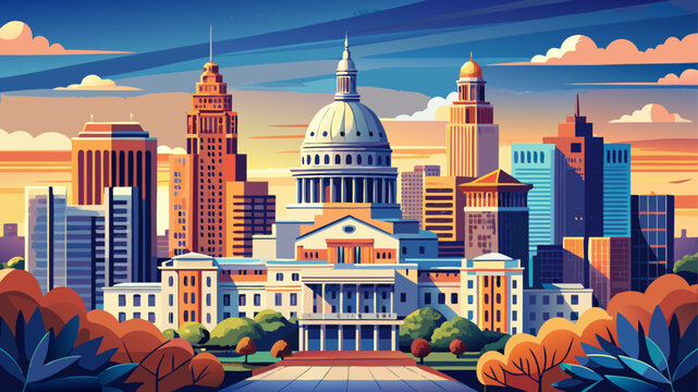 Very beautiful stylized vector illustration of Austin&rsquo;s skyline highlights clean architectural lines, the prominent capitol dome, and balanced shapes perfect for travel guides, posters, and modern 