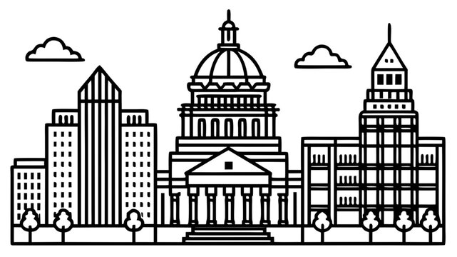 Very beautiful stylized vector illustration of Austin&rsquo;s skyline highlights clean architectural lines, the prominent capitol dome, and balanced shapes perfect for travel guides, posters, and modern 