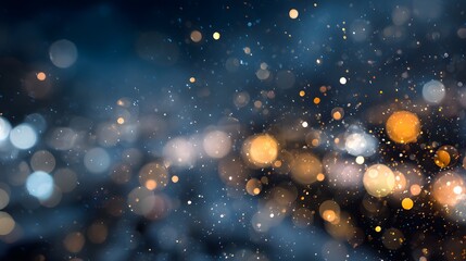 Sparkling bokeh lights and snow particles on dark winter background