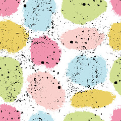 Playful vector seamless texture featuring large, soft, rounded paint spots in light candy colors, contrasted with chaotic black grunge splashes. Ideal for nursery decor and greeting cards.