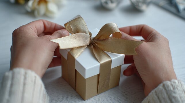 Hands delicately adjusting a gold ribbon on a pristine white and gold gift box, set against a soft, elegant backdrop.  Preparing a gift, thoughtful gesture.