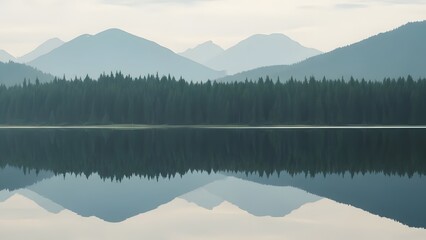 Calm lake reflects the forest and mountains a peaceful nature scene ideal for travel and outdoor con