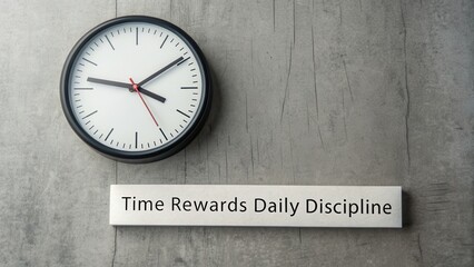 Clock showing time on grey wooden surface with motivational text