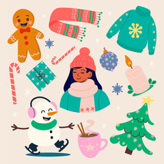 Cute winter festive collection with characters and holiday decorations