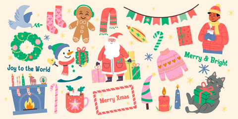 Merry and bright Christmas elements pack. Joyful festive decor and seasonal