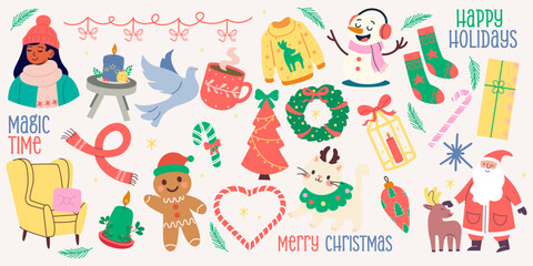 Fototapeta premium Magic time Christmas elements set. Warm festive illustrations and holiday