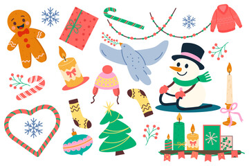 Winter fun elements set with cheerful characters and holiday elements