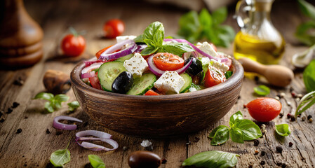 Indulge in a refreshing Greek salad, a vibrant medley of fresh vegetables, olives, and creamy feta, drizzled with olive oil and herbs. Perfect for a light, healthy meal.