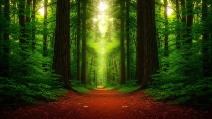 Lush green forest path tranquil nature scene ideal for background or environmental concepts