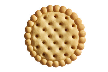 A single round buttery cracker with a scalloped edge and small holes, isolated on white background
