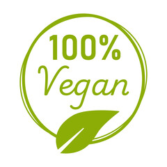 100 percent Vegan Plant Based Green Round Circle Badge Sticker Stamp Info Label Sign Icon for Product and Package with Leaf Symbol. Vector Image.