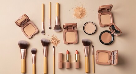 Makeup Kit Flat Lay on Beige Surface &ndash; Brushes, Powders, Lipsticks, and Cosmetic Containers