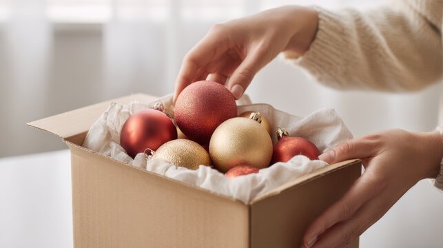 Hands open a box with Christmas ornaments and eco-friendly stuffing in warm light for holiday decorating