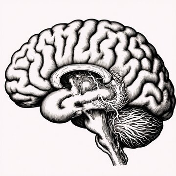 Detailed line drawing of human brain anatomy