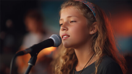Faceless young girl sings passionately into microphone with band playing behind, live music performance, concert entertainment, vocal artist, defocused performer and musicians, you