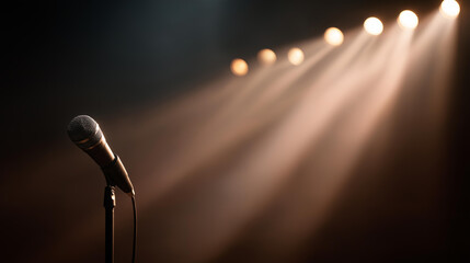 Live performance stage spotlight setting with microphone and stand, dramatic lighting theatre viewpoint, art concept visualization, concert equipment, entertainment venue preparati