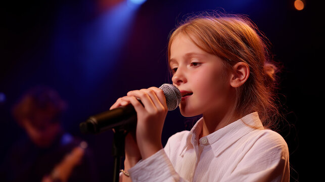 Faceless young girl sings passionately into microphone with band playing behind, live music performance, concert entertainment, vocal artist, defocused performer and musicians, you - Powered by Adobe