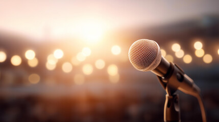 Microphone on stage under spotlight illumination, professional audio equipment, entertainment venue preparation, theatrical lighting effect, performance readiness, dramatic atmosph