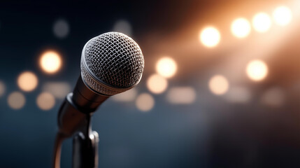 Obraz premium Microphone on stage under spotlight illumination, professional audio equipment, entertainment venue preparation, theatrical lighting effect, performance readiness, dramatic atmosph