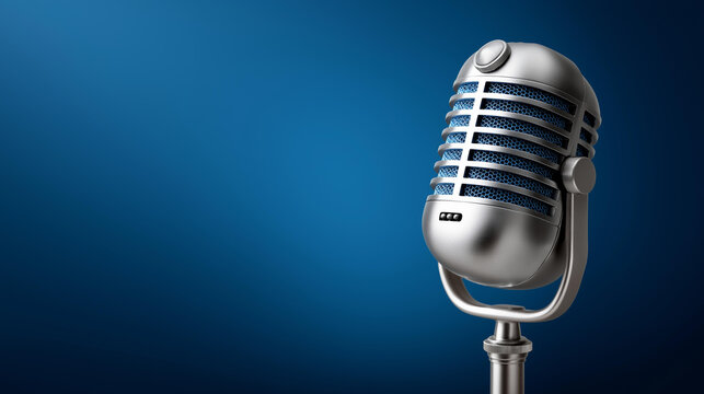 World radio day concept with microphone on blue background banner design, broadcasting celebration, media industry recognition, audio equipment presentation, communication theme, w - Powered by Adobe