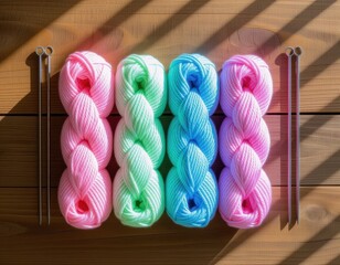 Colorful yarn skeins in pink, green, and blue arranged neatly on a wooden surface. Knitting needles placed beside the yarn. Natural light creates shadows.