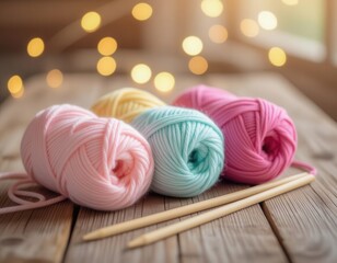 Colorful yarn balls in pastel shades of pink, yellow, and blue, placed on a wooden surface with knitting needles and soft bokeh lights in the background.