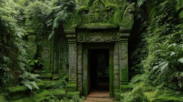 Ancient Stone Temple Gate Covered in Moss Surrounded by Lush Green Foliage Creating a Mystical Ambience Adobe Stock Photo