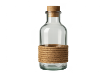 Empty glass bottle with cork and rope isolated
