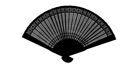 Wooden fan in ornate silhouette blending Spanish Flamenco elegance with Japanese minimalism.Vector illustration in black and white for event branding,travel themes,artistic national projects