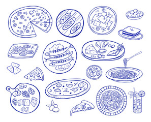 Italian food, pasta and lasagna, and Mediterranean cuisine blue icons. Hand drawn menu elements in vintage style, drink and eggs on plate