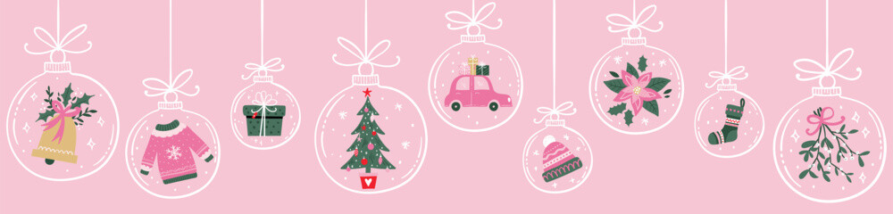 Naklejka na ściany i meble Cute hand drawn christmas baubles with decorations.